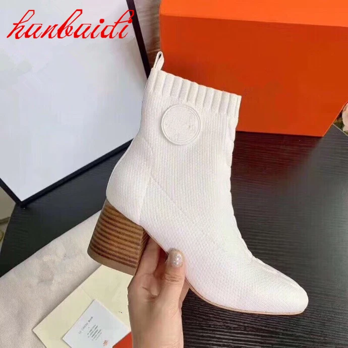

Simple Women Shoes Stretch Cloth Short Boots Square Heel High Heels Non Lace Sleeve Pointed Toe Casual Shoes