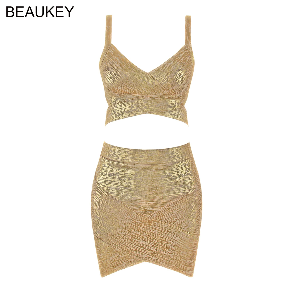 BEAUKEY качественный комплект из 2 предметов блестящий облегающий топ и юбка цвета