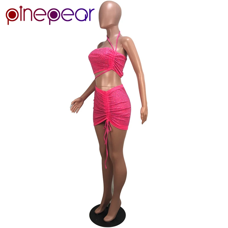 PinePear, шнурок, Холтер, без бретелек, сексуальное, для клуба, со стразами, платье для женщин, розовый, красный, стразы, для вечеринки, наборы, Прямая поставка, новинка