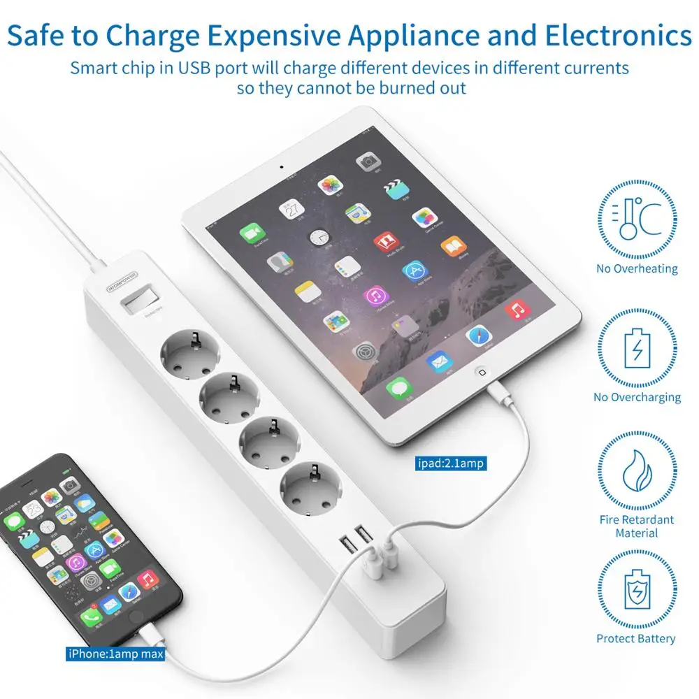 NTON Мощность НСК Smart USB Мощность полосы гнездо ЕС Plug перегрузки коммутатора Стабилизатор напряжения 4 розетки 4 Порты и разъёмы USB Зарядное устройство- 1,8 м Мощность шнур