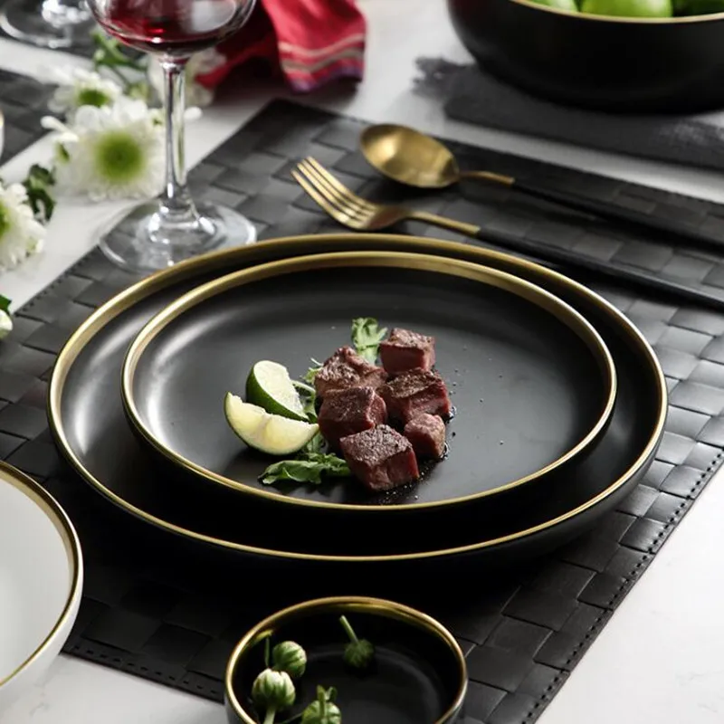 Gilt Rim Blak Porcelain Dinner Plate Set Kitchen Ceramic Tableware Food Dishes Rice Salad Noodles Bowl Mug Cutlery 1pc | Дом и сад