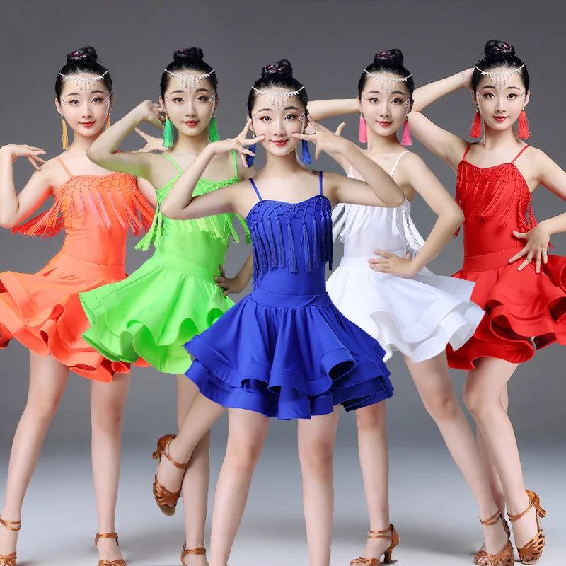 

Girls Latin Dance Dress Children'S Split Straps Tassels Practice Clothes Salsa Costume Ballroom Tango Dresses 5 Colors DL4728