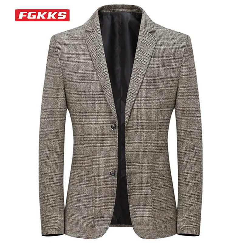 

FGKKS Casual Blazers Men Spring Autumn Simple Retro Slim Business Plaid Suit Jacket Work Party Handsome Trendy Blazers Male