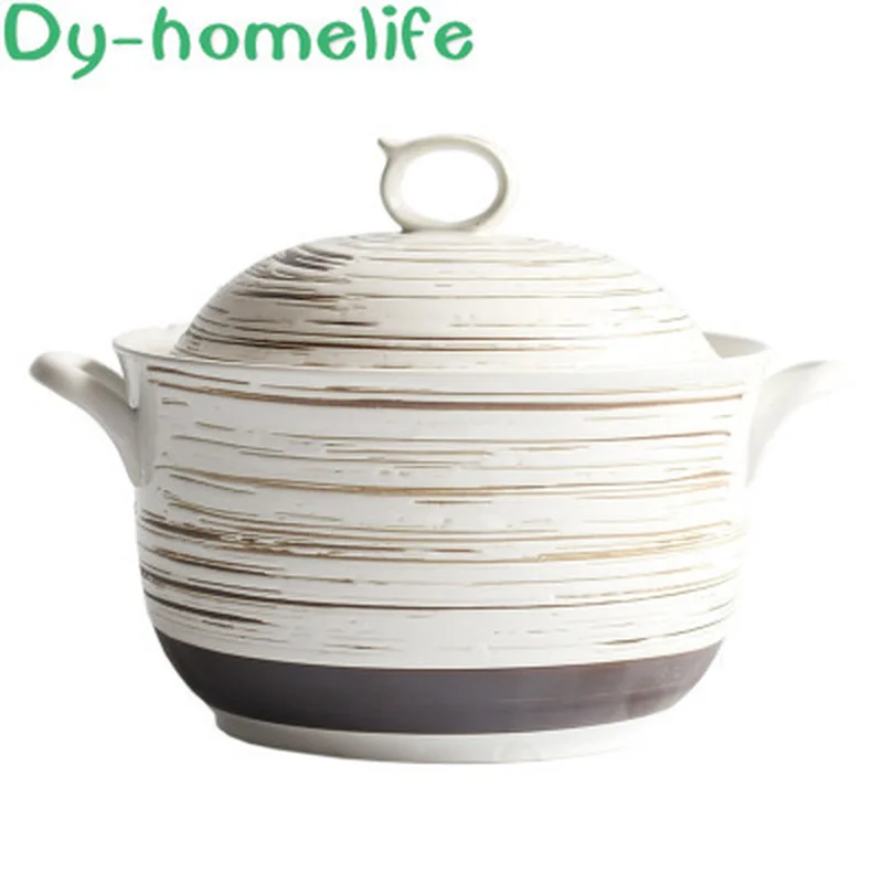 

Ceramic Pot Japanese-style 7inch Round White Relief Stew Pot Large Bowl with Lid Household Kitchen Supplies Tableware Cookware