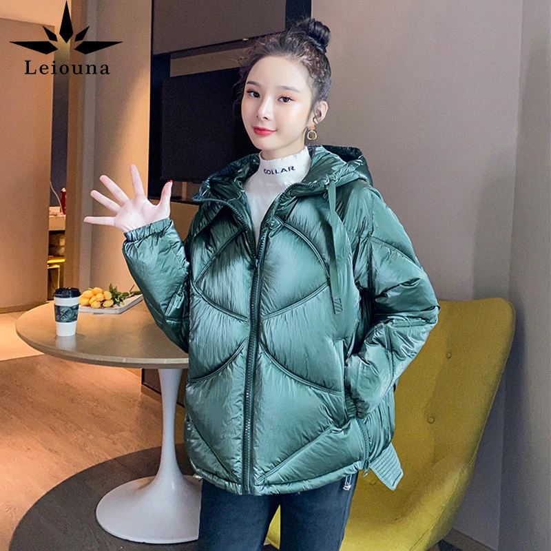 

Leiouna Full Zipper Casual Solid 2020 New Fashion Women's Warm Glossy Parka Winter Jacket Short Hooded Ladies Parka Coat Female