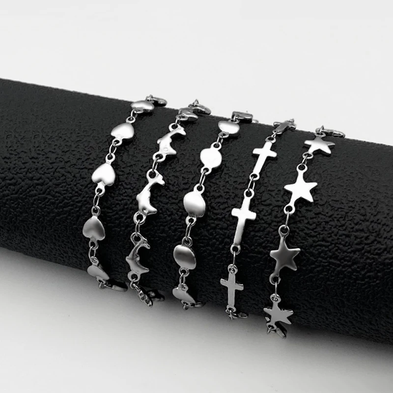 

European Star Dolphin Cross Heart-shaped Pendant Stainless Steel Bracelet Women's Jewellery Chain Fashion Fine Bracelets 17+5cm