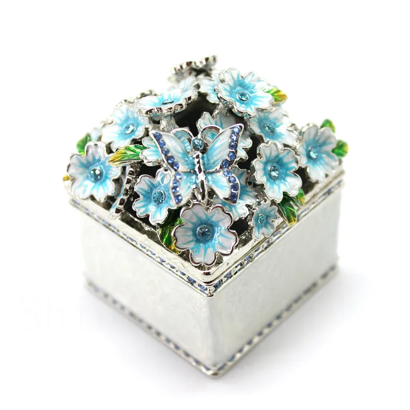 

Square Shape Flower Trinket Box Wedding Jewelry Box Enamel Metal Gift Box