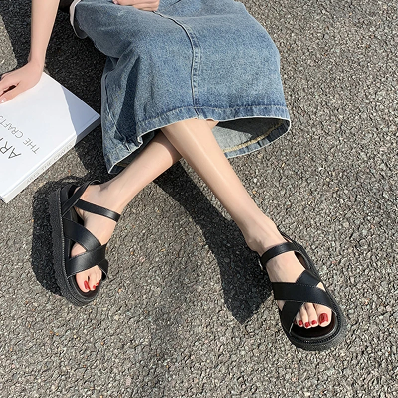 

Black Platform Sandals 2021 Women's Cross Anti-Skid Clear Heels Ladies Shoes Summer Med Espadrilles Gladiator New Comfort Fashio