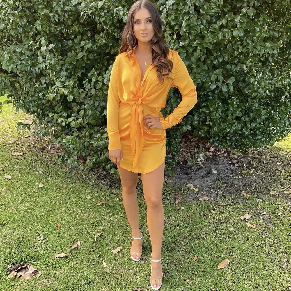 

XIKOM 2021 Summer Women Satin Elasticity Golden Folds Button Sexy Slim Mini Dress Female Vintage Dresses Ladies Casual Dress