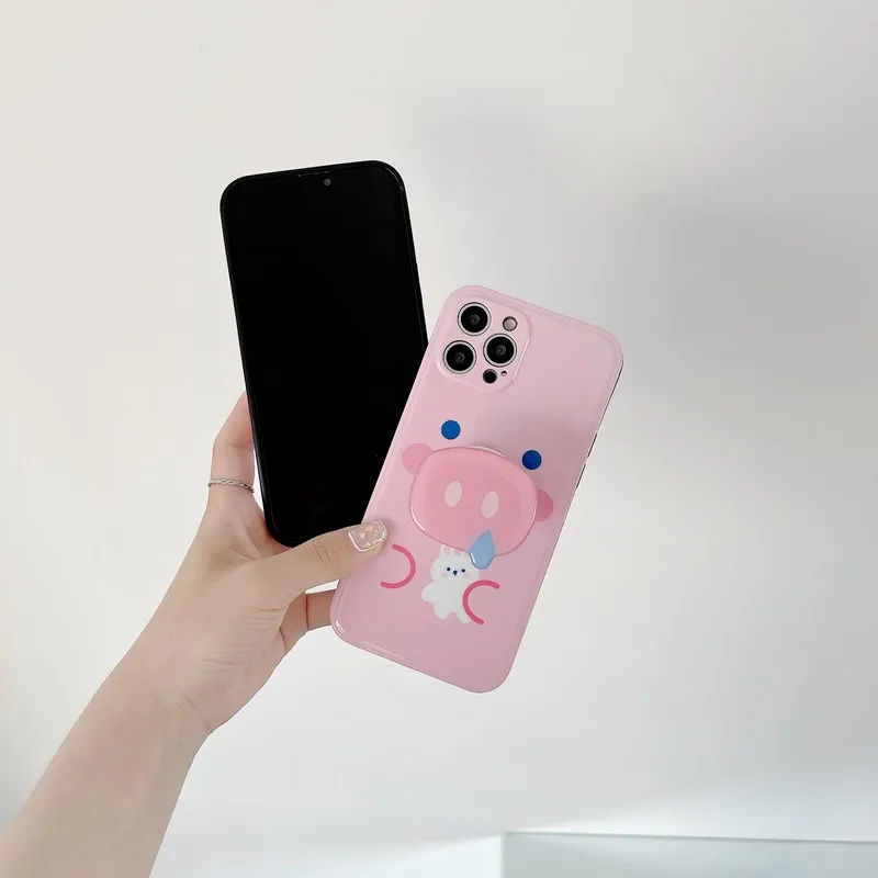 

Cute snot powder pig bracket full edging case For iphone 12 mini X Xr XS 11 pro Max 7 8 plus Back cover