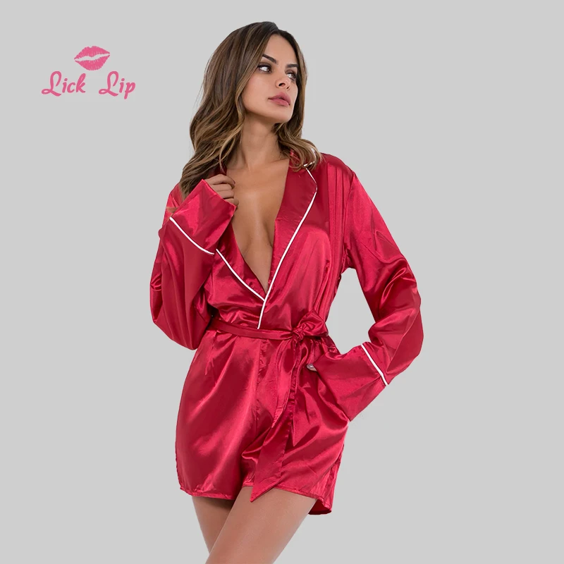 Lick губы Повседневный женский комбинезон халат с длинным рукавом шелковое ночное