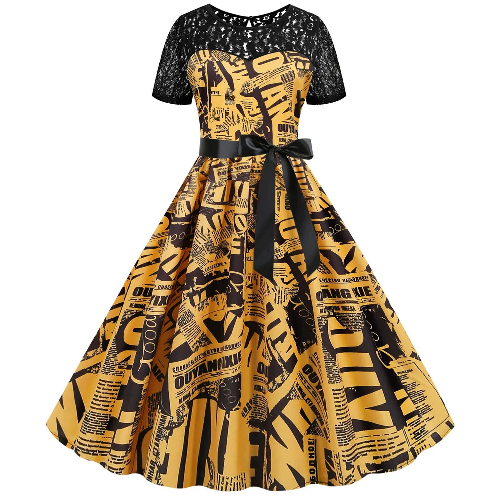 Женское винтажное платье с коротким рукавом Черное Кружевное Платье составного