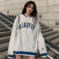 v neck loose casual tops women retro pullover 2021 sweatshirts letter print spring autumn jumper female college korean style top