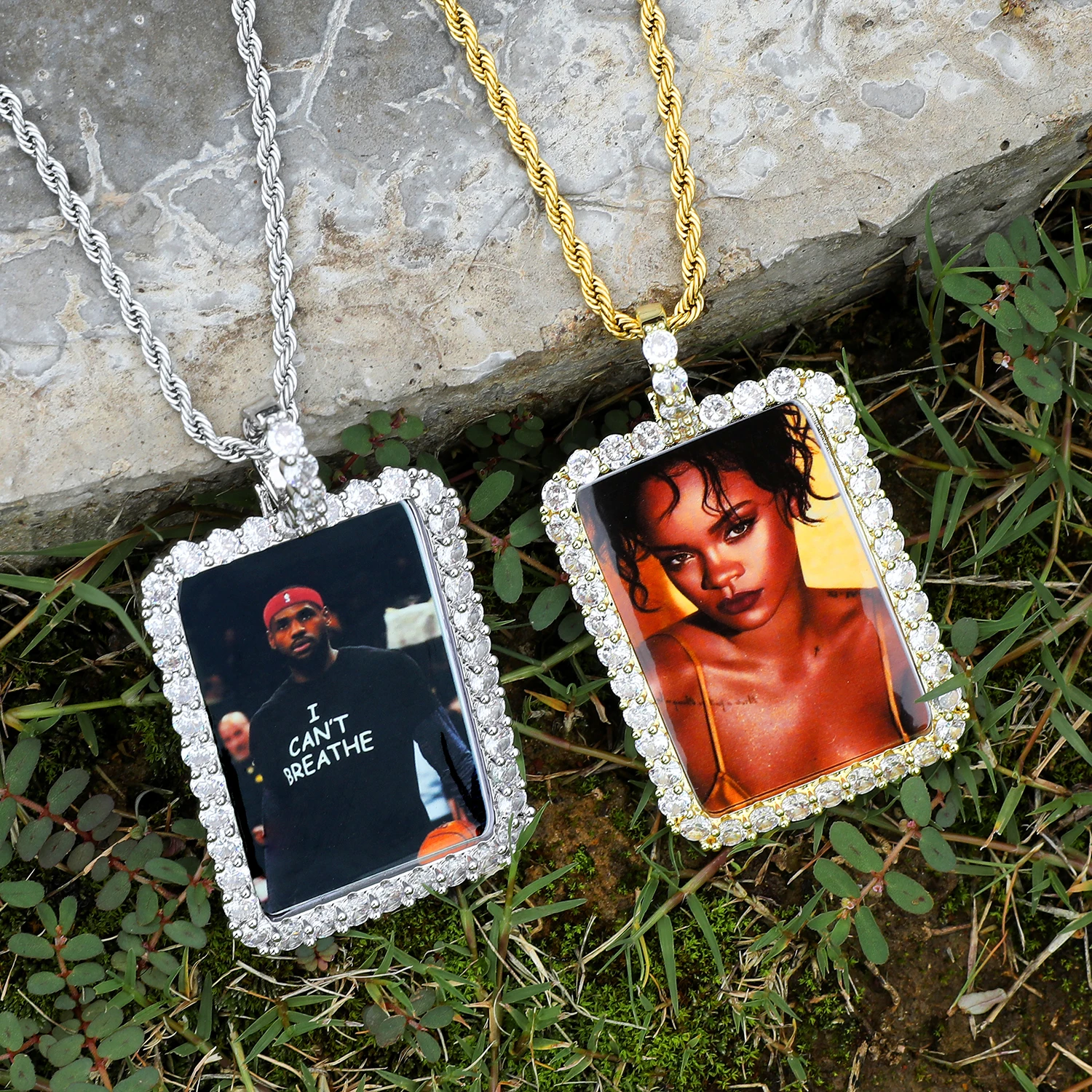 

DRIP ICE Hip Hop Custom Photo Memory Necklace Pendant Cubic Zirconia Personalized Customized Square Men Women Jewelry Chokers