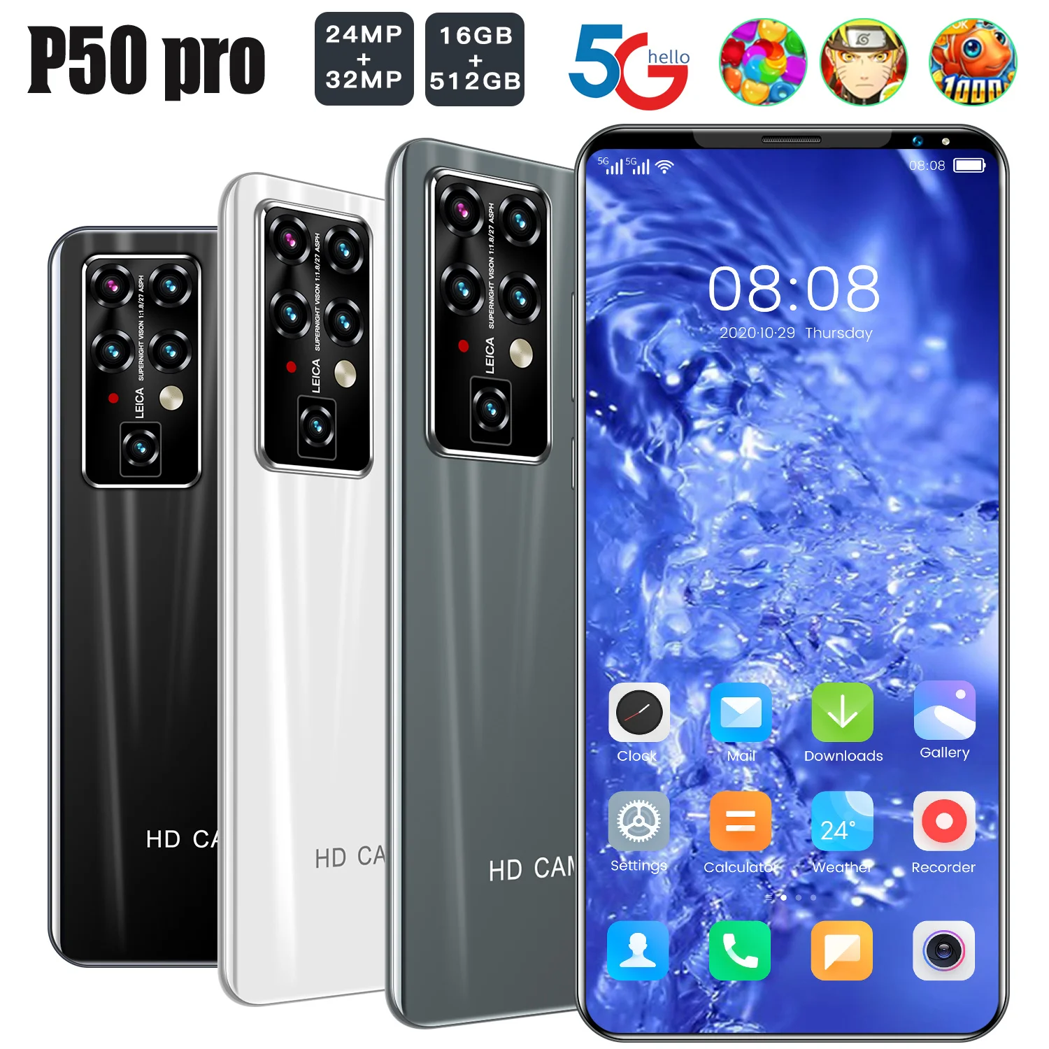 

The Latest 5.5'' P50 Pro 16GB+512GB Full Screen Smartphone 24MP+32MP Camera 5600mAh GPS 10Core Google Pay 5G Network Cell Phone