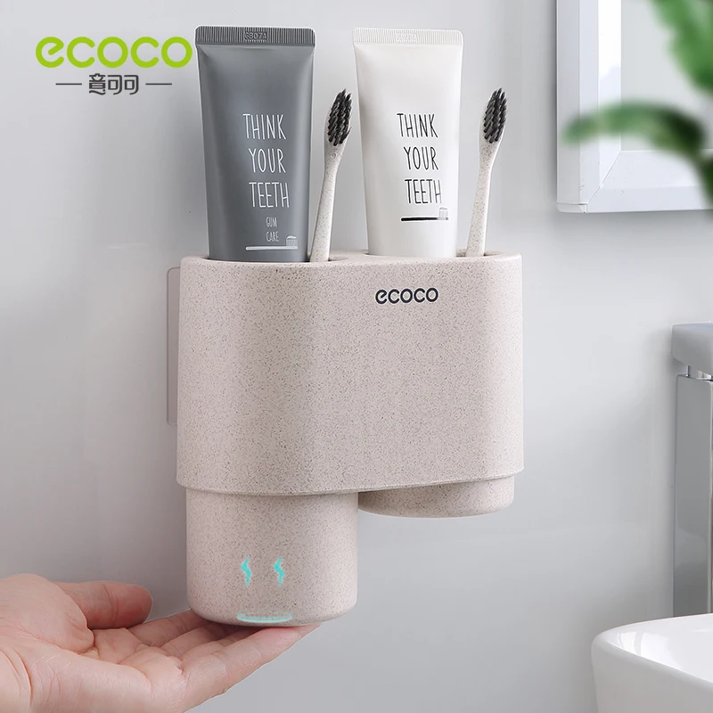 ECOCO Couple 2 Cup Toothbrush Holder Wheat Straw Mouth Cup Toothpaste Storage Rack Wall Mounted Bathroom Accessories Sets