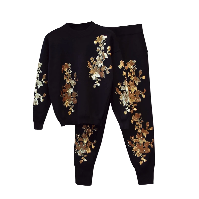 

Женский трикотажный костюм из двух предметов, свитер с длинными рукавами и бусинами и цветочным принтом + штаны, высокое качество, wq1736