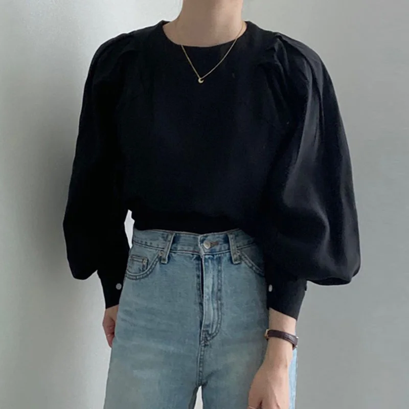 Корейский шикарный осенний простой плиссированный дизайн с круглым вырезом