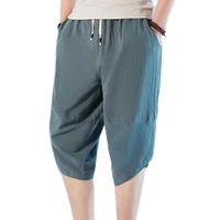 solid color capri pants elastic waist skin friendly all match men wide leg irregular hem thin men pants sweatpants