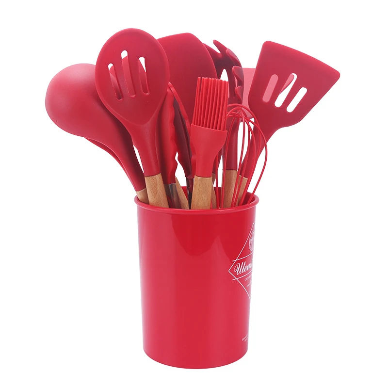 

2021 Hot 11pcs Silicone Kitchenware Non-stick Pan Kitchen Tools Set Cooking Utensils Set With Storage Bucket For Kitchen PI669