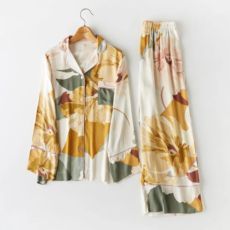 Long sleeve Femme Пижамный костюм с цветочным принтом и длинными рукавами, 2 предмета, рубашка+ штаны, ночная рубашка, повседневная женская пижама, комплект, одежда для сна хлопок - Цвет: Long sleeve