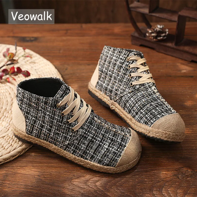 Женские высокие кроссовки в клетку Veowalk льняная Удобная Тканевая обувь ручной