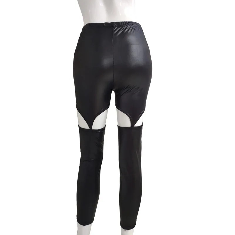 Женские леггинсы из ПУ кожи черные однотонные в готическом стиле с прострочкой