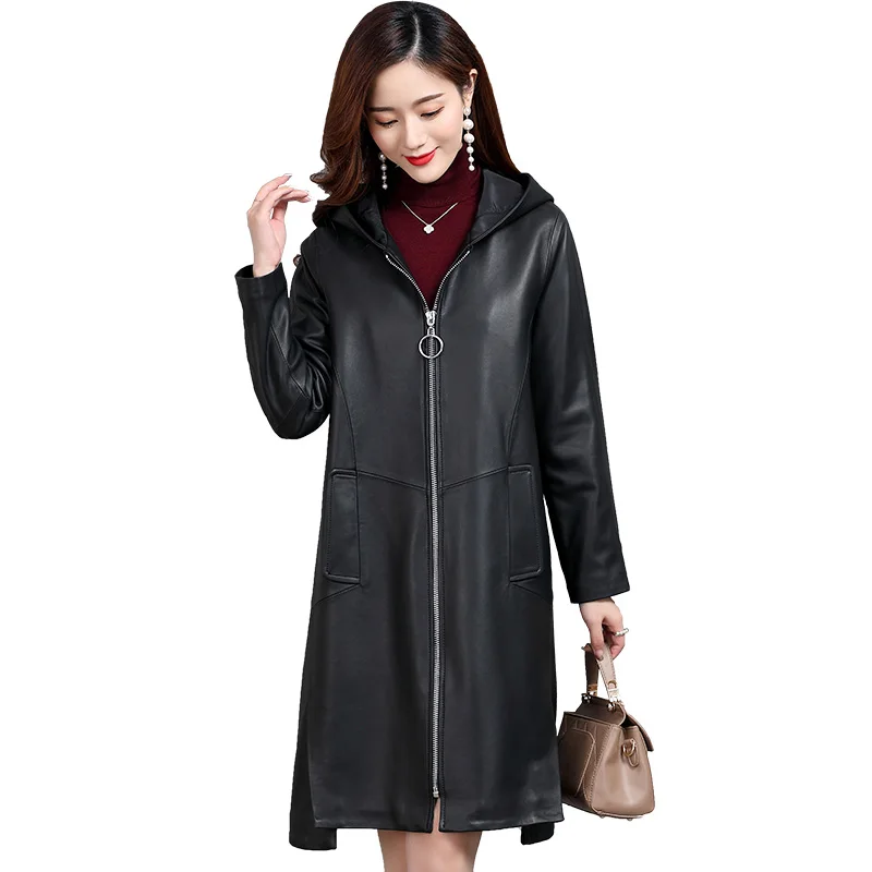 

Hat leather windbreaker women's middle and long single leather loose coat