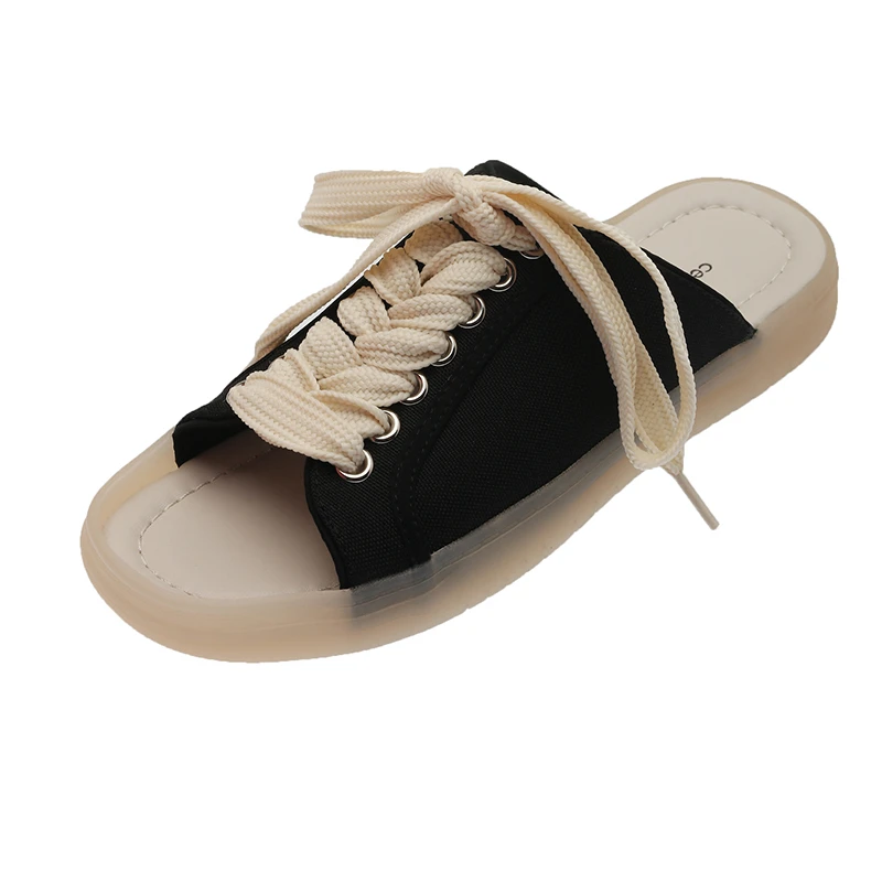 

Slippers Women Summer 2021 Lace-up Casual Canvas Sandals Fashion Flat-bottomed Sports Slippers Open Toe Flats Sandals Shoes