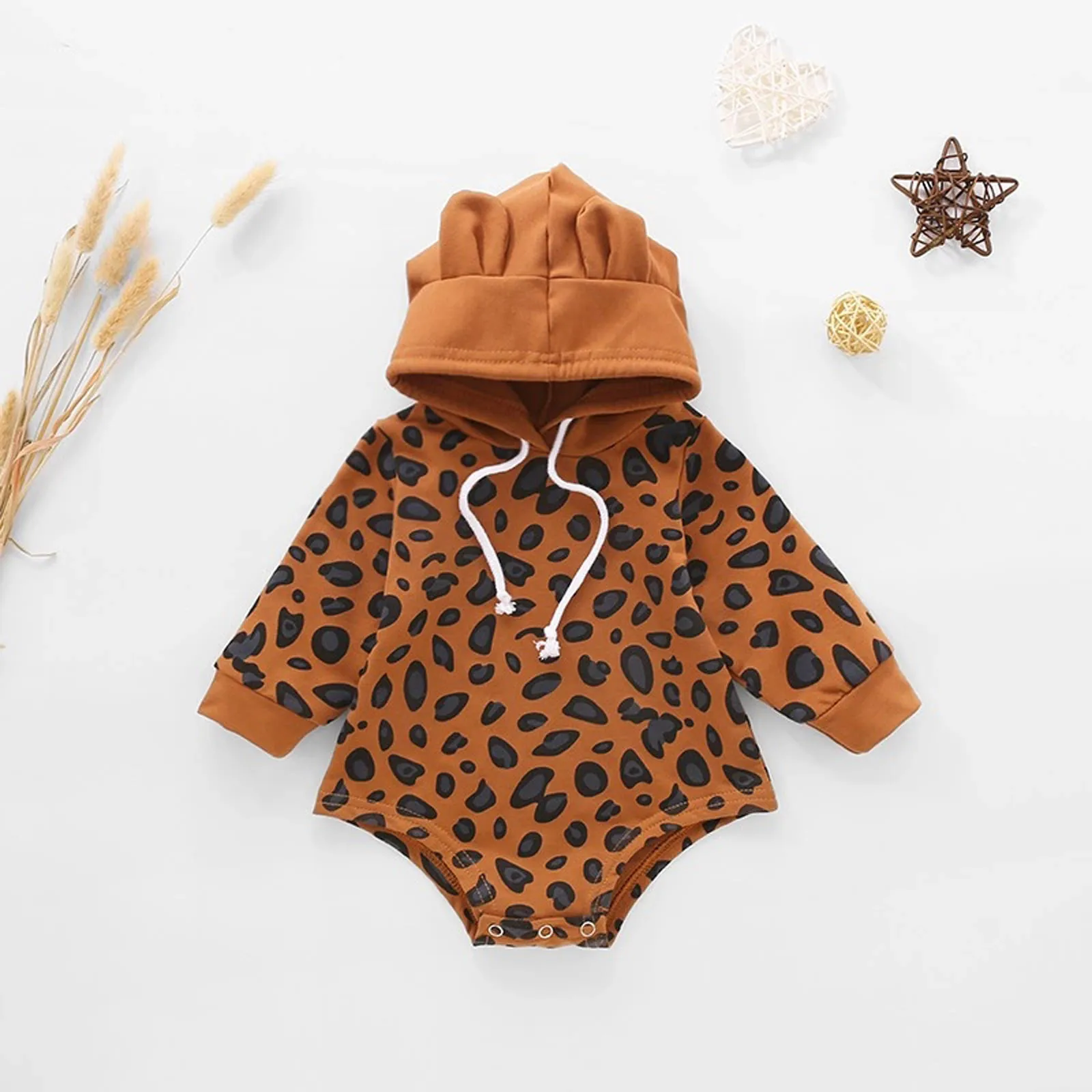 

0-12M Baby Clothes Hoodie Jumpsuits Toddler Boys Girls Cute Cartoon Rabbit Ears Leopard Print Cotton Romper детская одежда #4