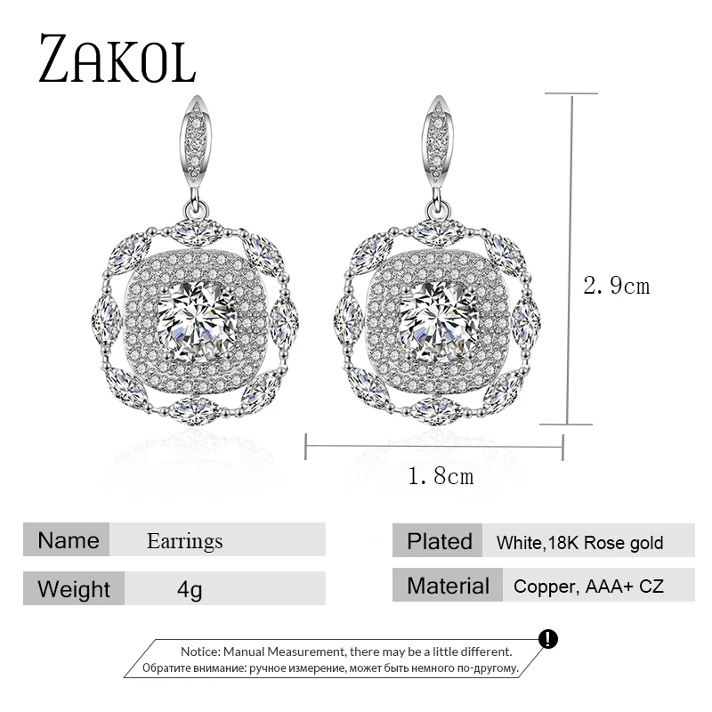 ZAKOL классические квадратные циркониевые Кристальные висячие серьги с крошечным