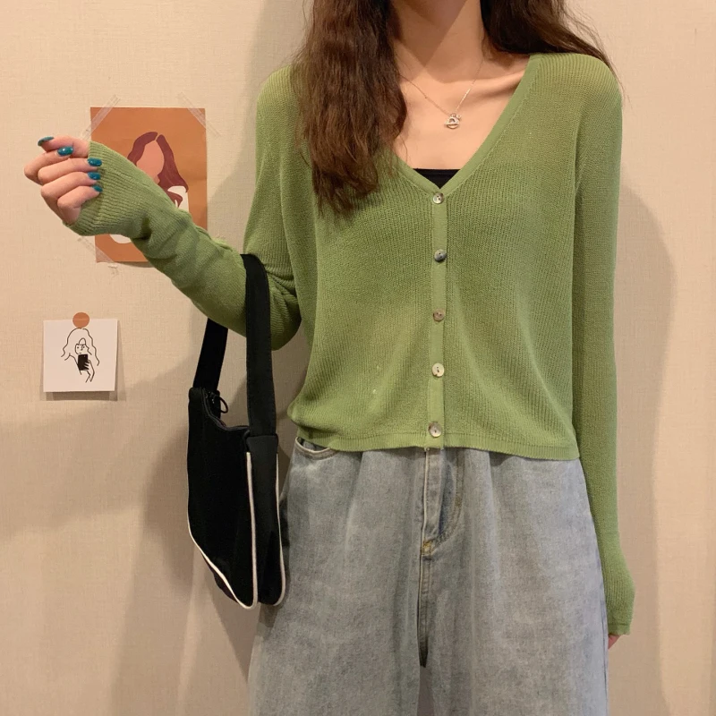 

Thin Cardigan Women Summer Long Sleeve Crop Top Knitted Sweater White 2020 V-neck Sunscreen Cardigan Loose Tops