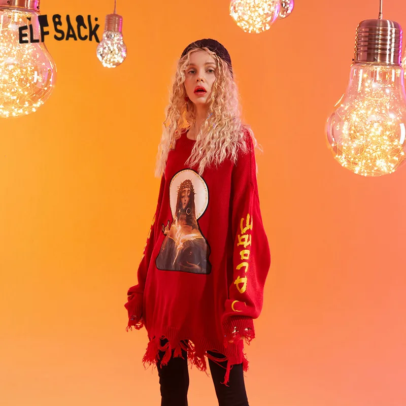 ELFSACK красный Одноцветный с аппликацией богини вязаный Рождественский Женский