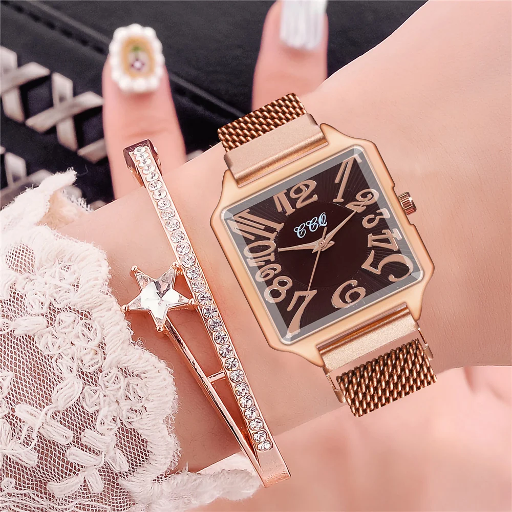 

Часы наручные женские с квадратным циферблатом, модные простые, с магнитной застежкой, цвет розовое золото
