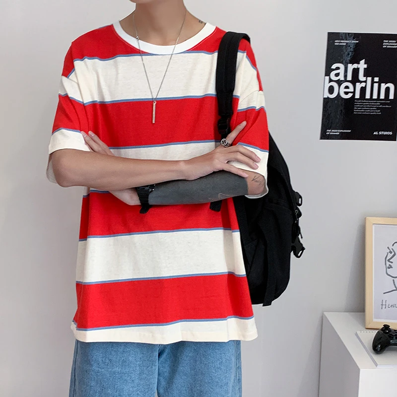 

2021 New Fashion Korean Striped Ulzzang Oversized Men T Shirt Short Sleeve O Neck Harajuku Top Clothing High Quality Basic Slim
