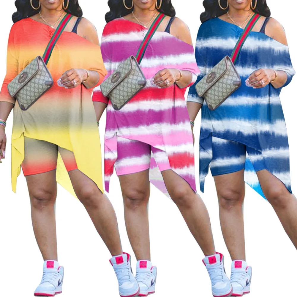 

Женская Повседневная Асимметричная рубашка с открытыми плечами и женские брюки с принтом, облегающая одежда из двух частей синего, желтого, розового цветов, размера плюс