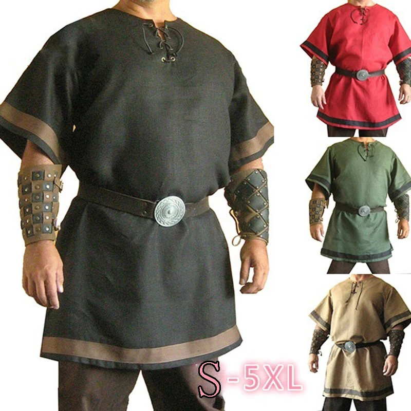 

2022 Men Cosplay Medieval Vintage Renaissance Viking Warrior Knight Costume Men Nordic Army Pirate Tunic Shirt Armguard Belt