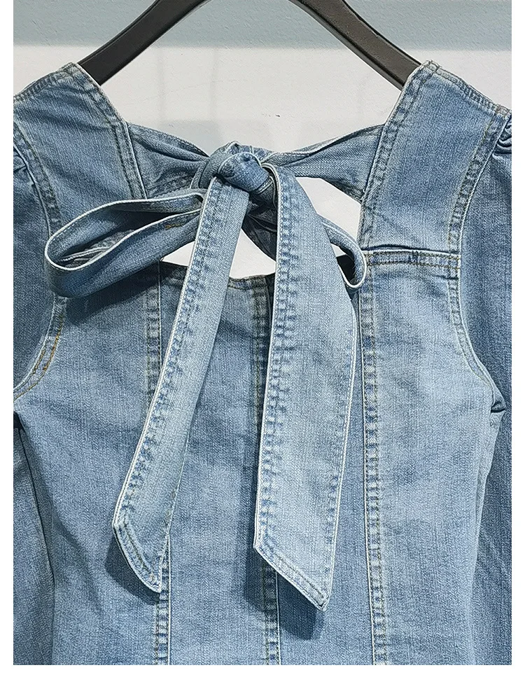 

Women Denim Shirt 2021 Early Spring Backless Bow Tie Square Collar Blouse Female Single-Breasted Tops