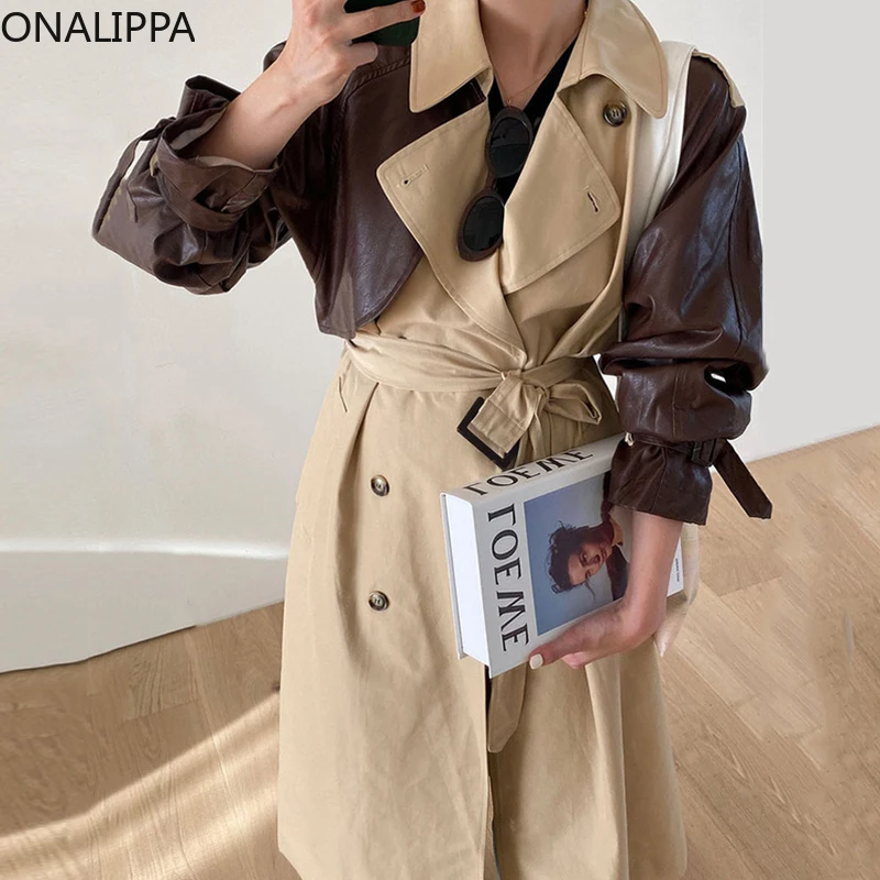 

Женское пальто ONALIPPA с длинным рукавом, французская ретро-куртка из искусственной кожи с лацканами, двубортная ветровка с отстрочкой и завяз...