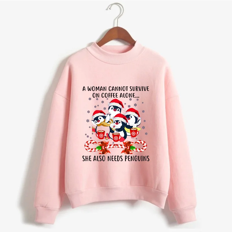 

Merry Christmas Pullover Women Clothes Sweatshirt A Woman Cannot Survive On Coffee Alone She Also Needs Penguins Hoodie Tops