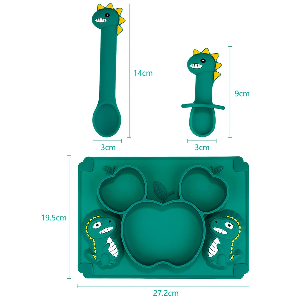 

Baby Dinner Plate Food Grade Silicone Tableware Anti-drop Cartoon Food Supplement Plate Non-slip Feeding Dishes+Spoon + Fork
