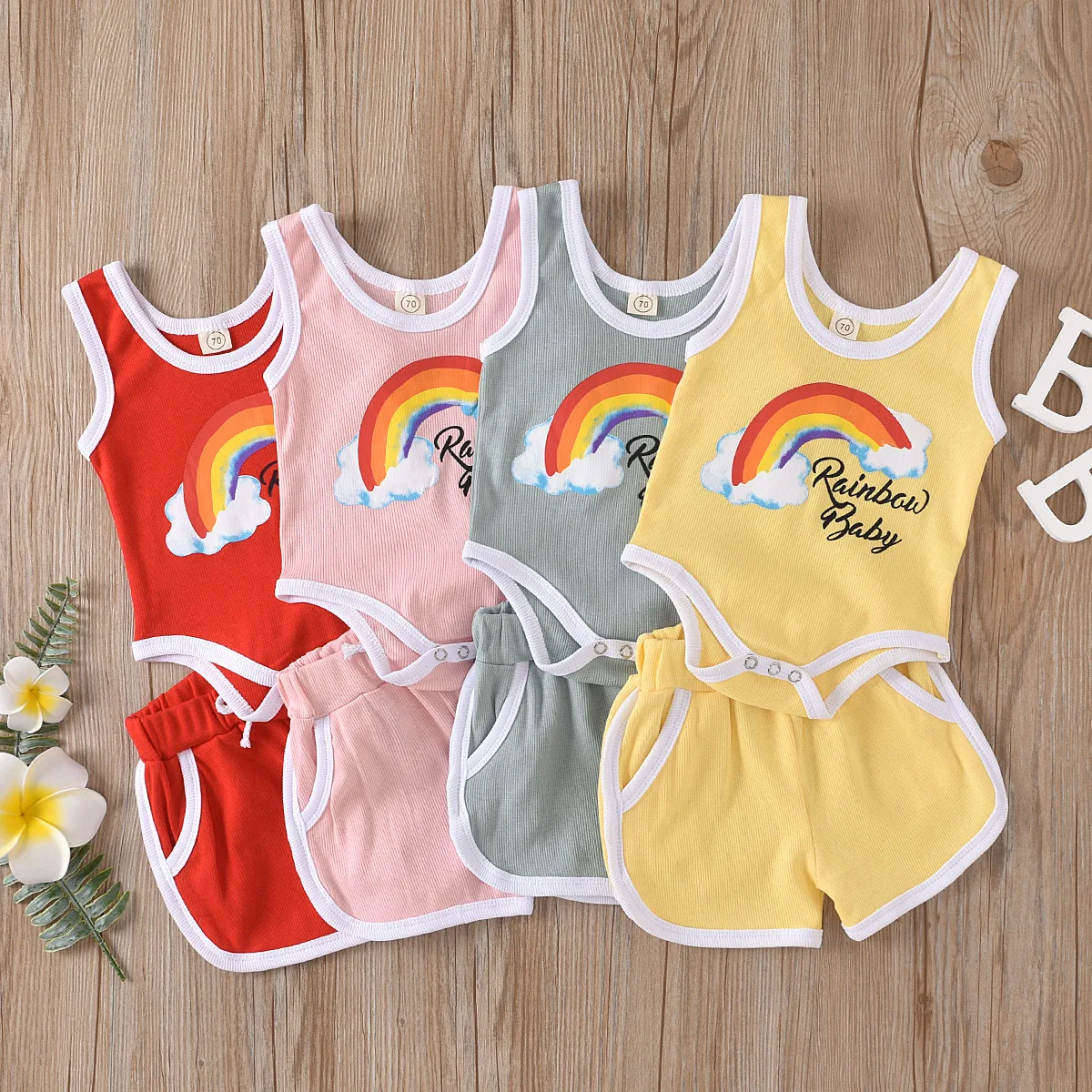 

Summer new style children's foundation pit striped sleeveless vest suit two-piece children's rainbow printed cotton sports vest
