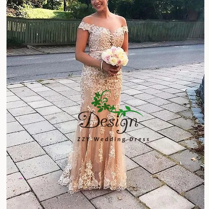 

Champange Tulle Appliques Beading Vintage Off The Shoulder vestido madrina boda Plus Size Mother Of The Bride Dresses