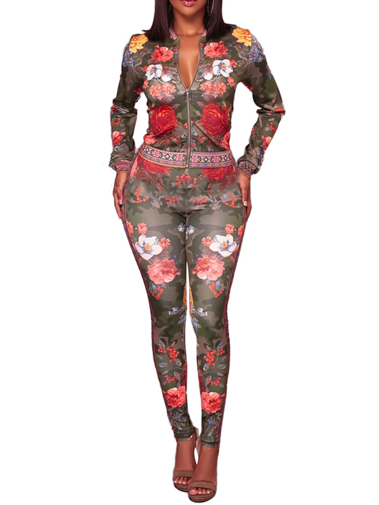Женский комплект с цветочным принтом куртка длинными рукавами и + обтягивающие