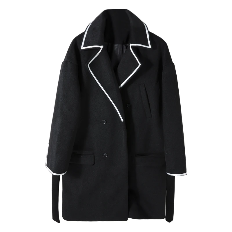 Мужская одежда IEFB Осень-зима черное шерстяное пальто средней длины свободная