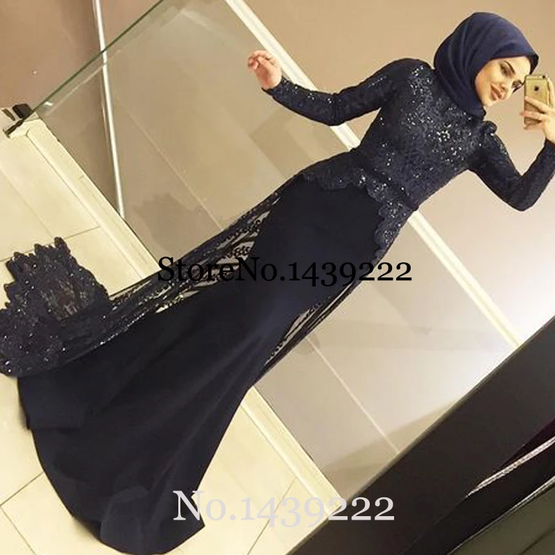 Темно синие Русалка Одежда с длинным рукавом Вечерние платья аппликациями