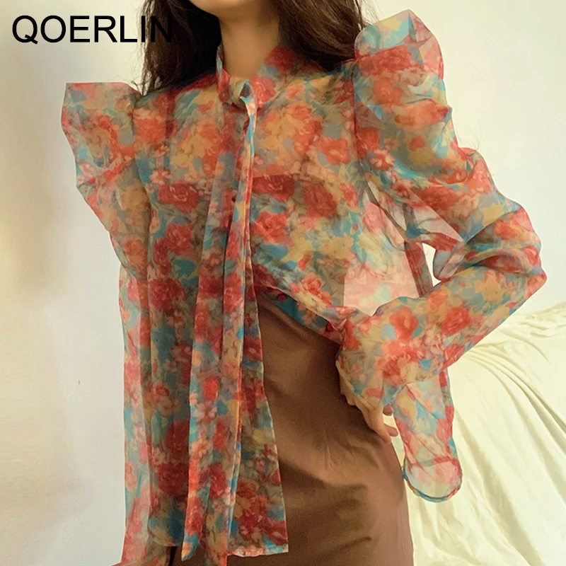 Женская прозрачная блузка с бантом QOERLIN |