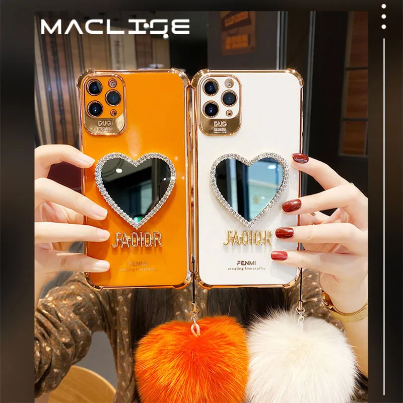 

Luxury Plating Love Heart Mirror Hairball Phone Case For Iphone 12 11 Pro Max 7 8 Plus X XR Fashion Glitter Soft Silicone Cover