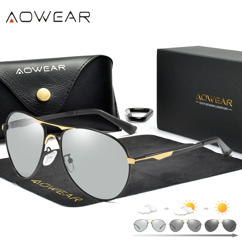 

AOWEAR Luxury Aviation Photochromic Sunglasses Men Polarized Retro Chameleon Glasses Day Night Driver Goggles Sun Glasses Oculos