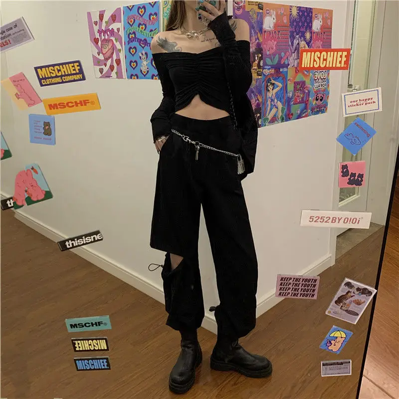 

Harajuku Cargo Pants Womens High Street Joggers Buckle Track Pants Adjustable Hollow Out Pantalon Casual Trousers Spring Hip Hop